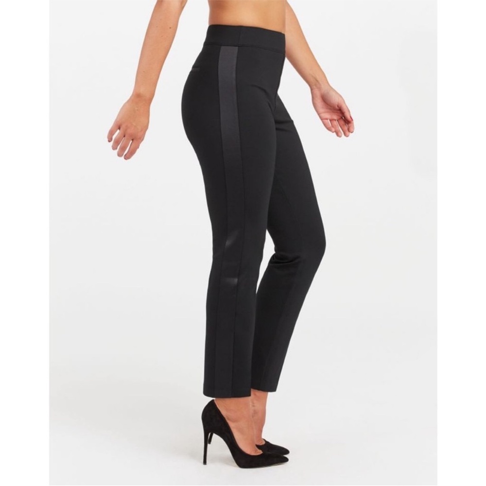 SPANX Women’s Black pull on ponte tux satin side stripe Ankle Pants S - Picture 1 of 15